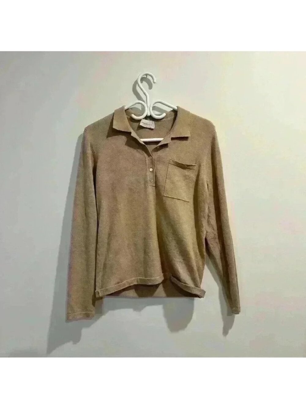 Womance | womens small tan  long sleeve polo sweater shirt with pocket
